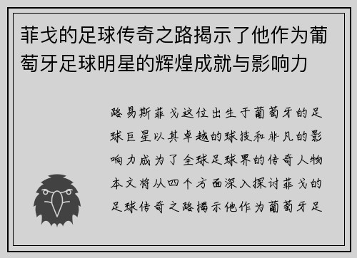 菲戈的足球传奇之路揭示了他作为葡萄牙足球明星的辉煌成就与影响力